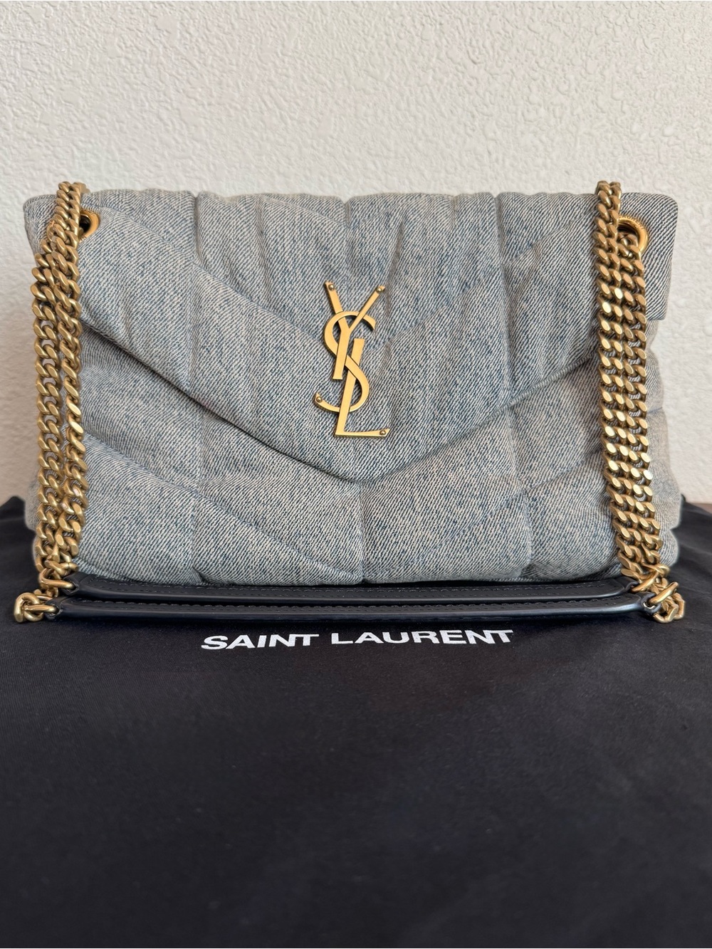 SAINT LAURENT Small Denim Puffer Chain Bag